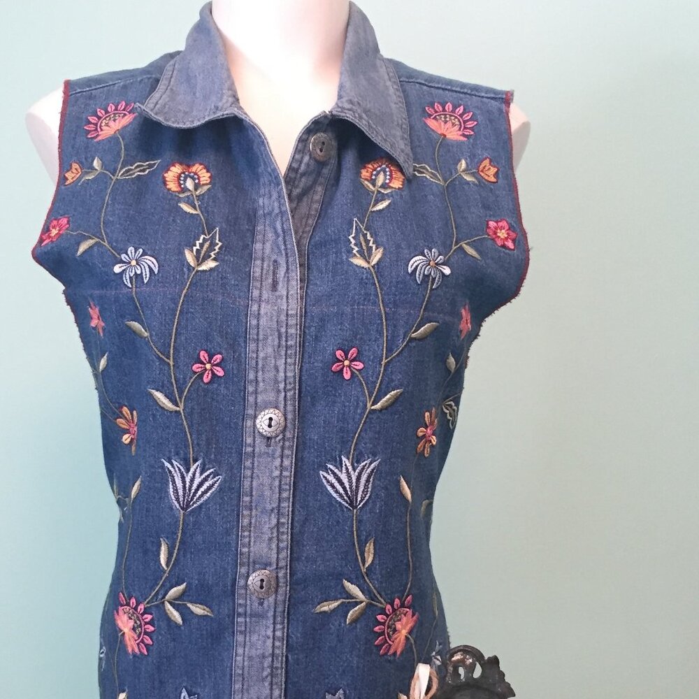Vintage Bobbie Brooks Backless Denim Top Floral Button Down Apron Shirt Size M
